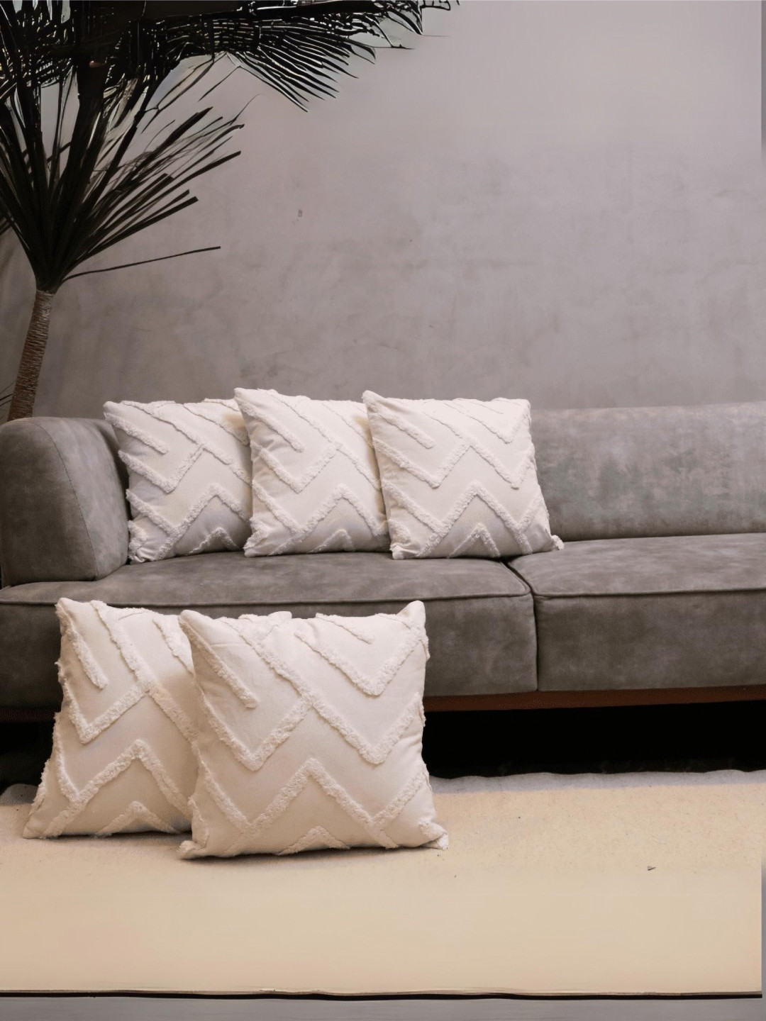 LUSHLYF Chevron Print Cream Geometric Cotton 5 Pcs Textured Square Cushion Covers -18x18In