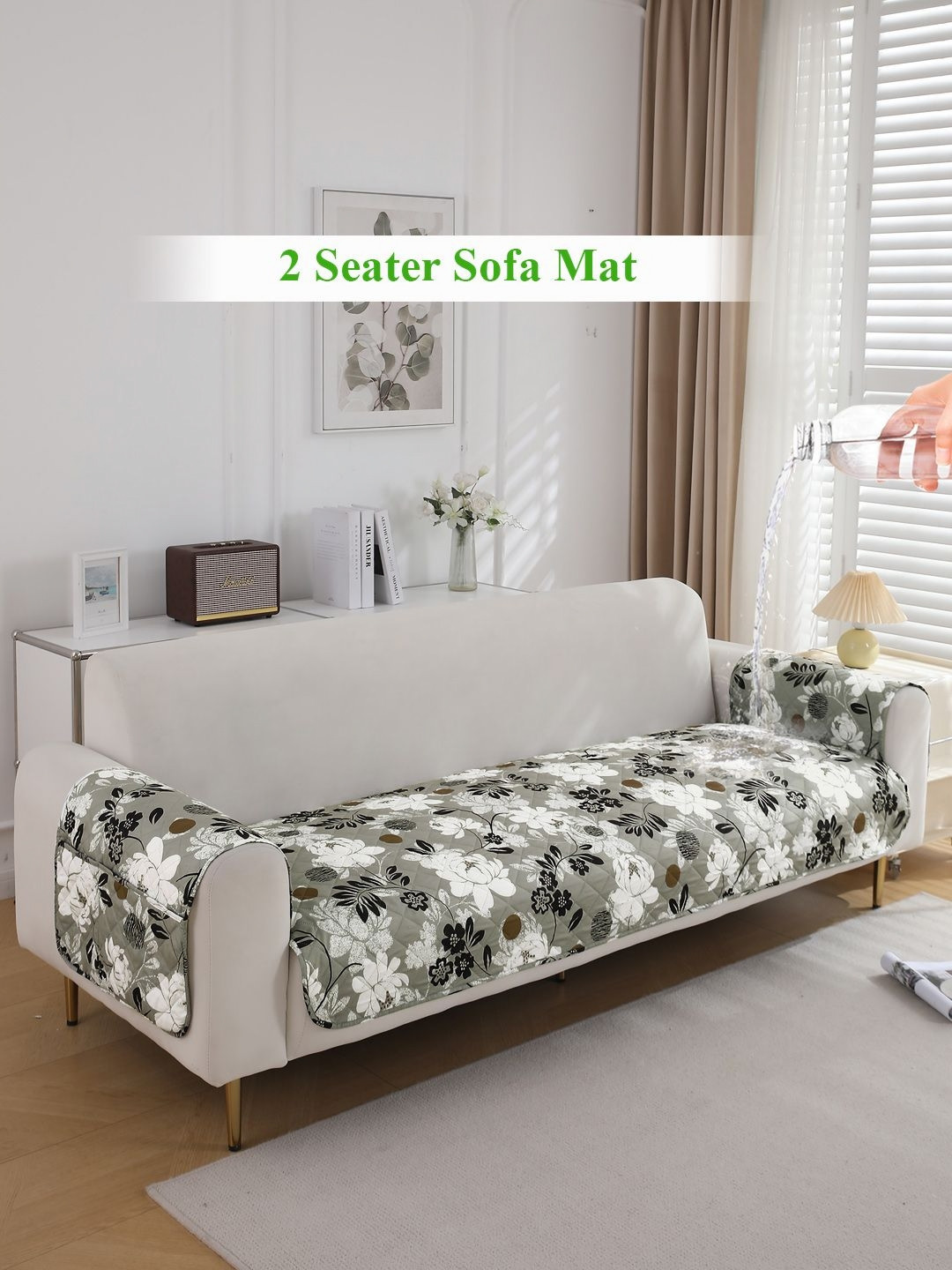 HOKIPO Grey & White Print Waterproof 2 Seater Sofa Seat Mat & Armrest Covers with Pockets