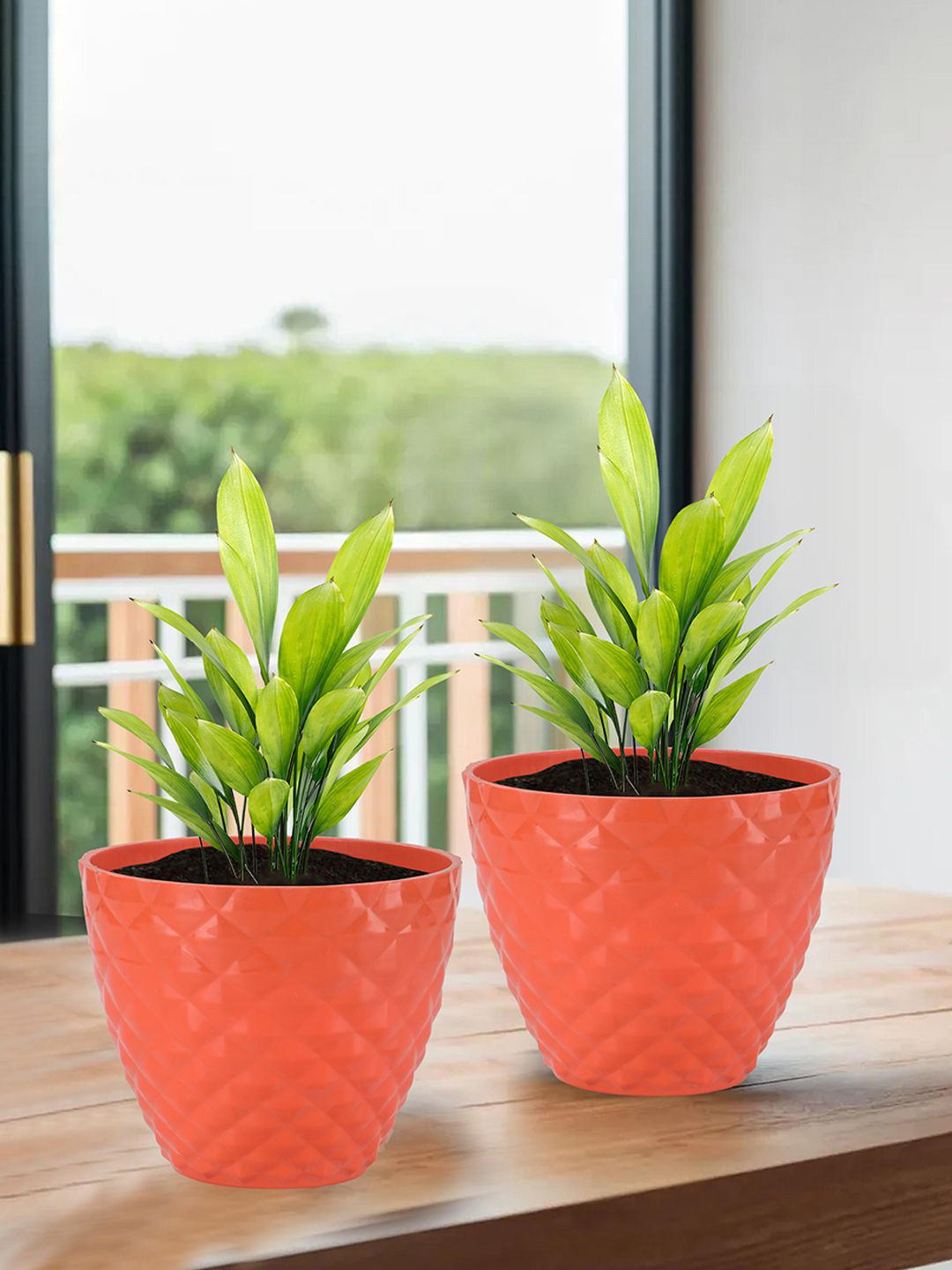 Kuber Industries Orange Colored 2 Pieces Diamond Textured Durable Planters