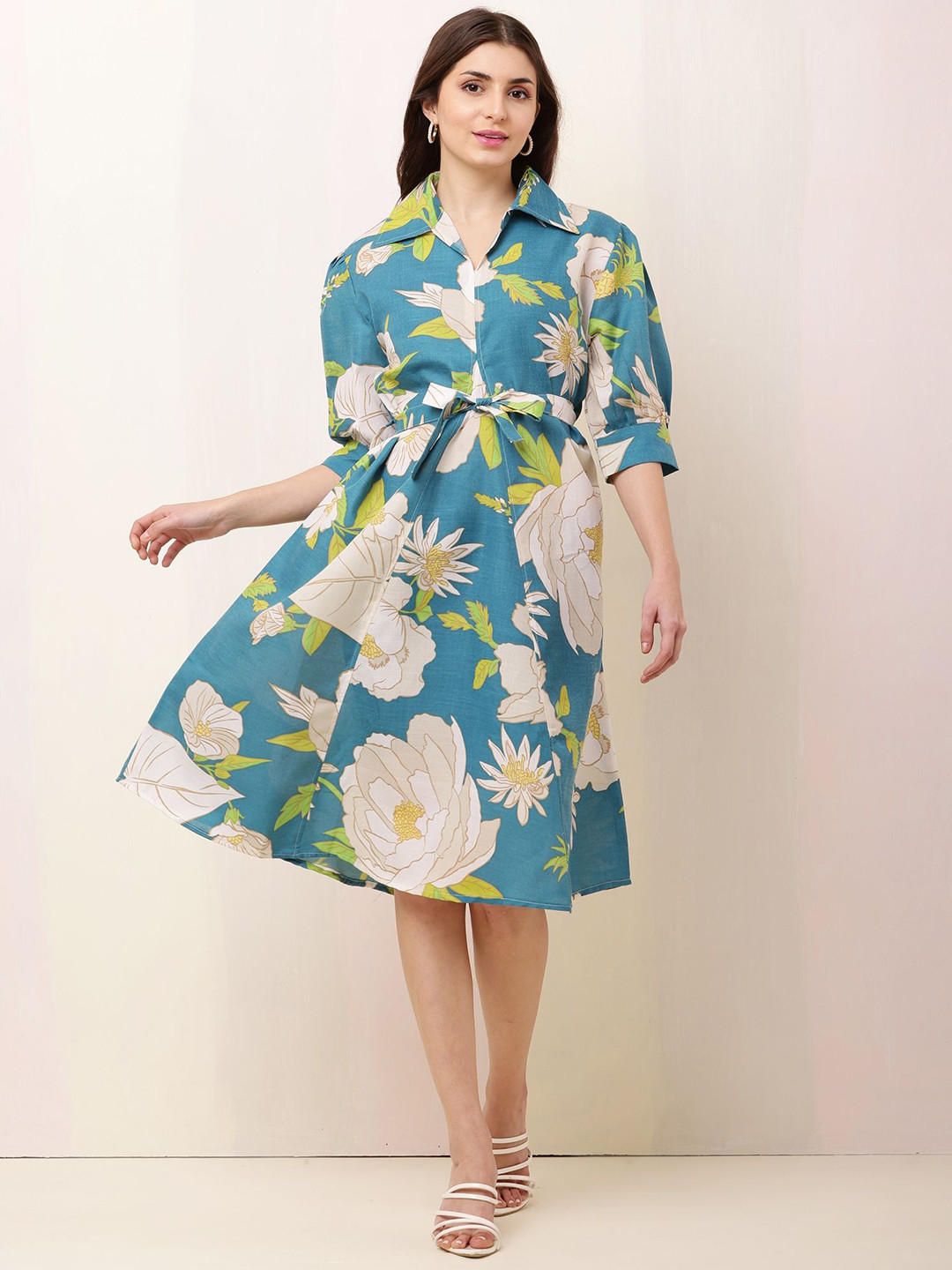 Bright Nex Women Floral Print Shirt Collar Neck Cuffed Sleeves A-Line Dress
