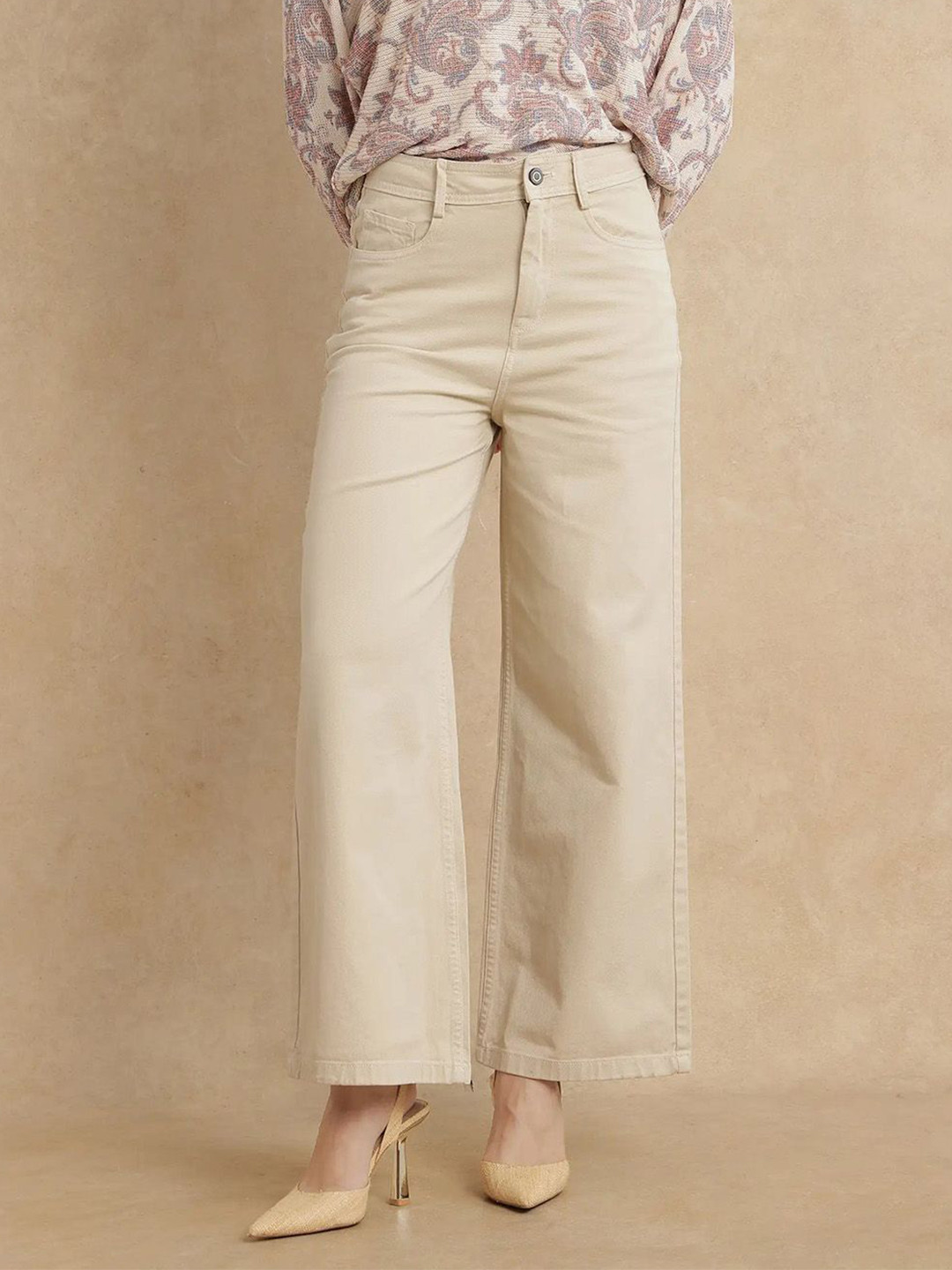 RAREISM Women Cotton Ronob Primary Beige Tailored Slim Fit High-Rise Trousers