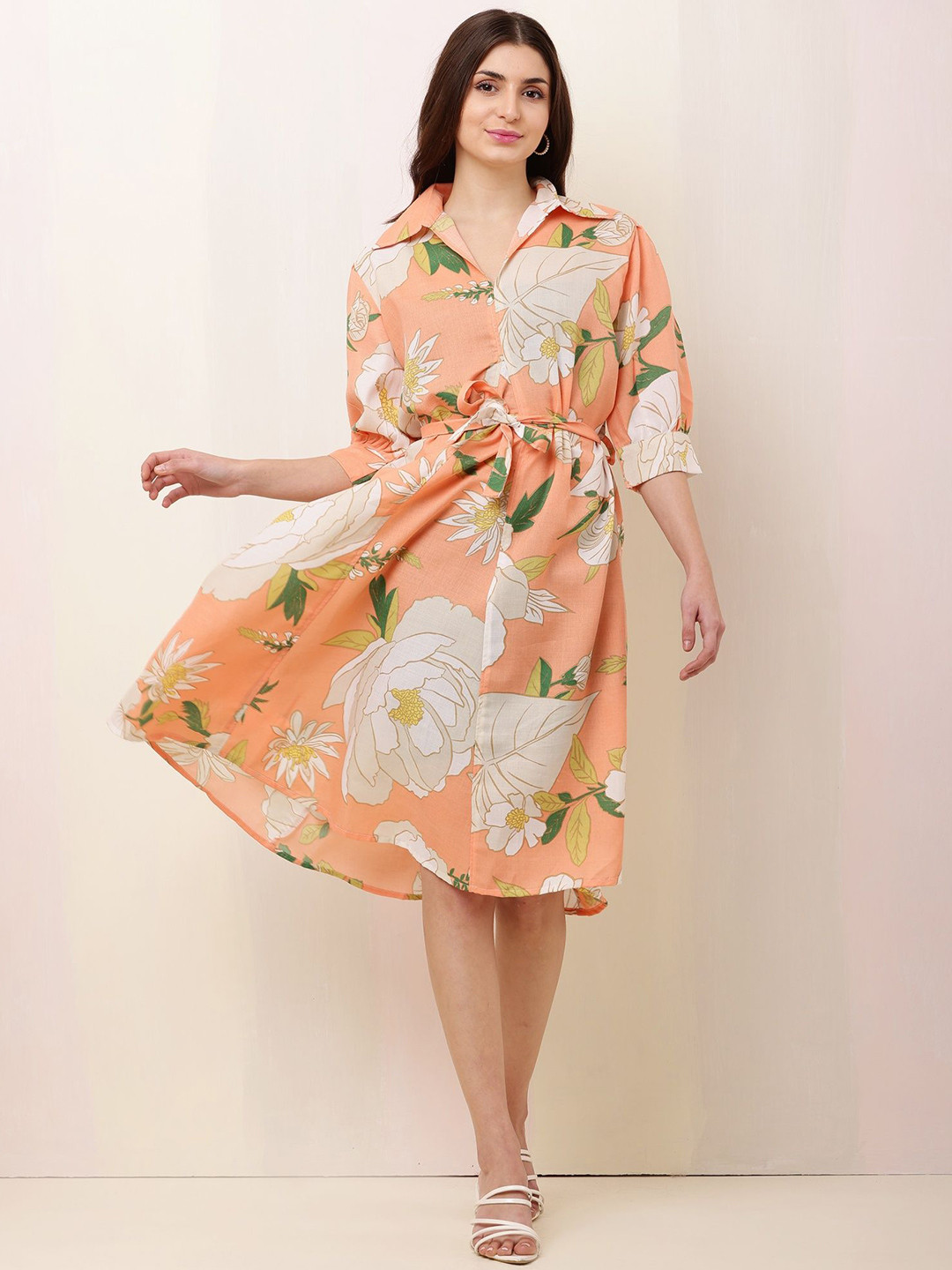 Bright Nex Floral Printed Shirt Collar Cuffed Sleeves Cotton Fit & Flare Dress