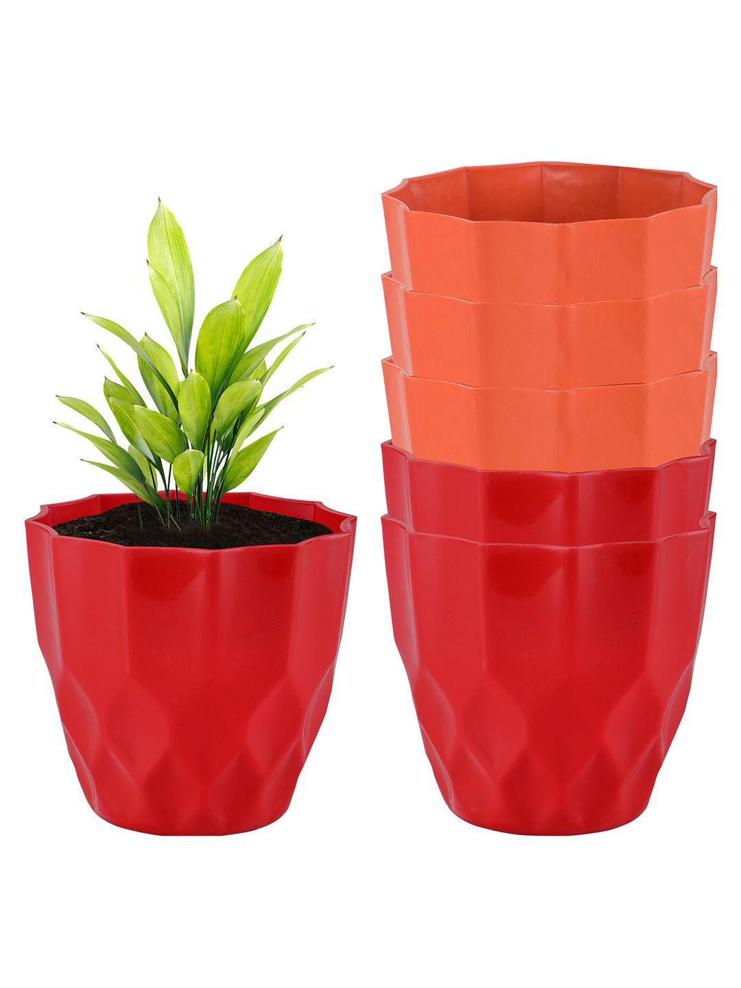 Kuber Industries Orange Colored & Red 6 Pieces Barfi Textured Durable Planters