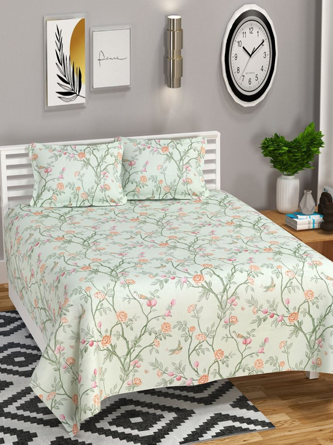 bsb home Premium New Cotton Collection Kingston Green Floral Cotton Skin-Friendly 210 TC King Superfine Bedsheet with 2 Pillow Covers-108 x 108 inches