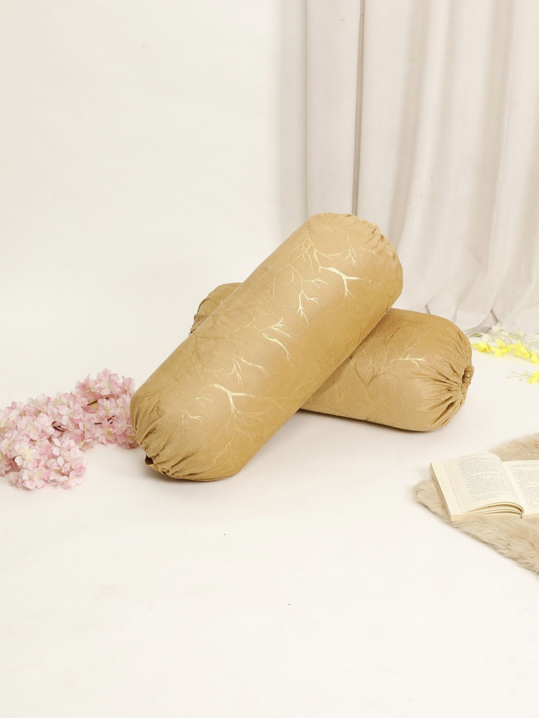 THE CONVERSION Beige 2 Pieces Self Design Printed Velvet Foil Work Bolster Covers