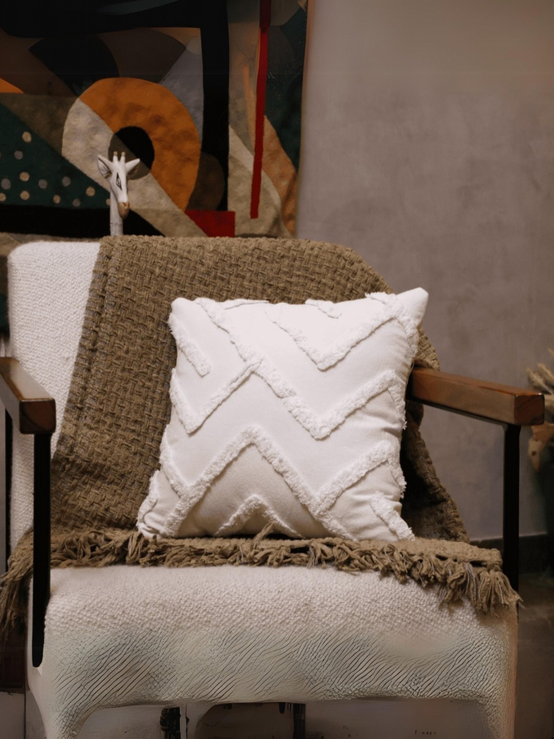 LUSHLYF Cream Chevron Textured Cotton Tufted Square Cushion Covers