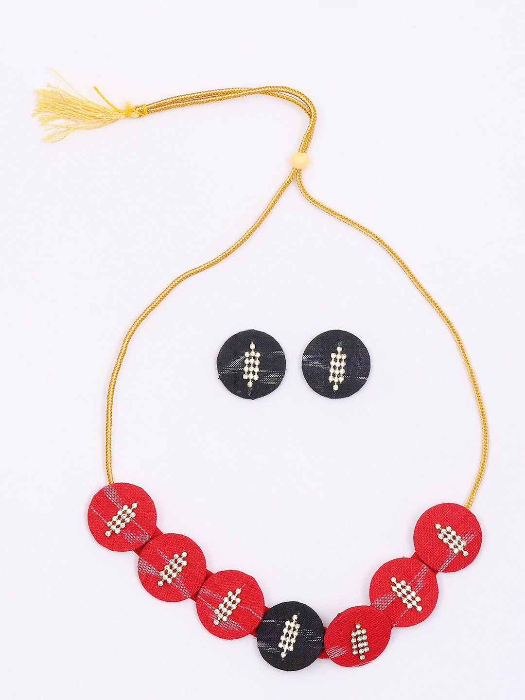 Exotic India Round Shape Handloom Sambalpuri Fabric Choker and Earrings Set