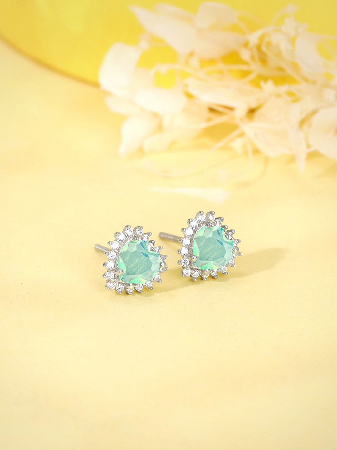 GIVA Rhodium Plated 925 Sterling Silver Artificial Stones Studded Perfect Heart Studs