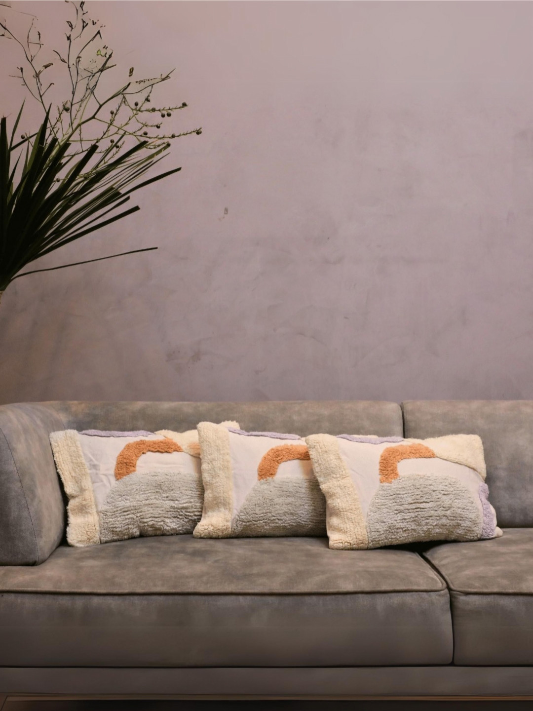 LUSHLYF Rainbow Horizon Tufted Embroidered Cotton 3 Pcs Cushion Covers - 12 x 18 In