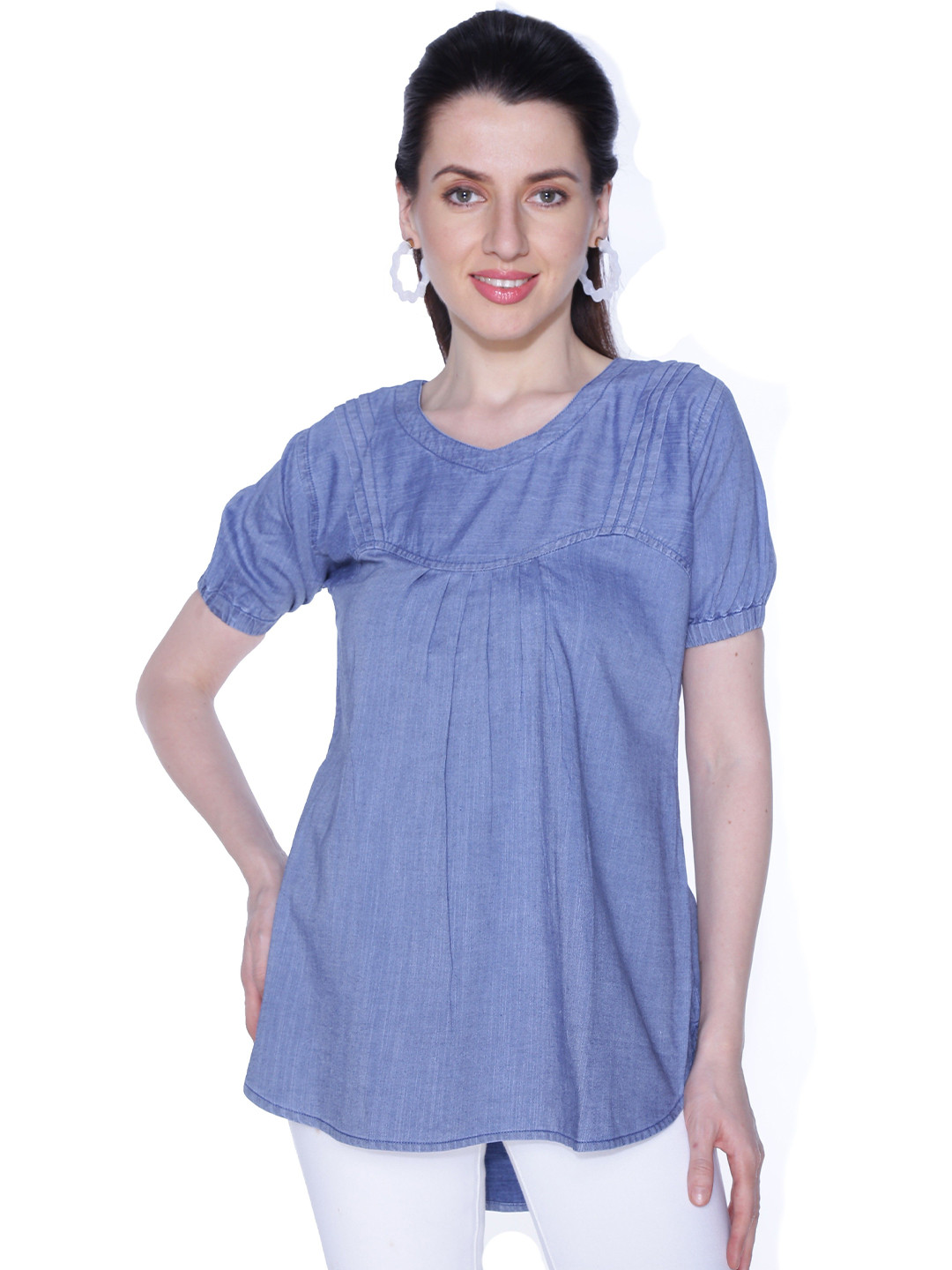 CEFALU Puff Sleeve Denim High-Low Top