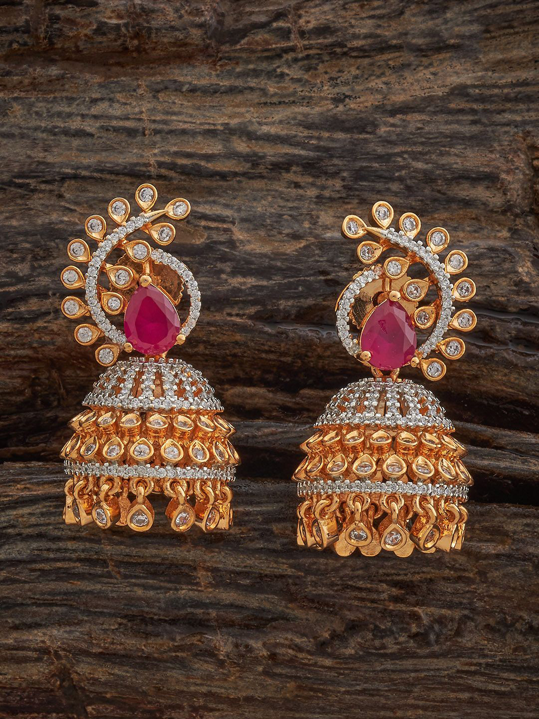 Kushal's Fashion Jewellery Rodium-Gold Plated Zircon Embellished Bridal Dome Jhumkas