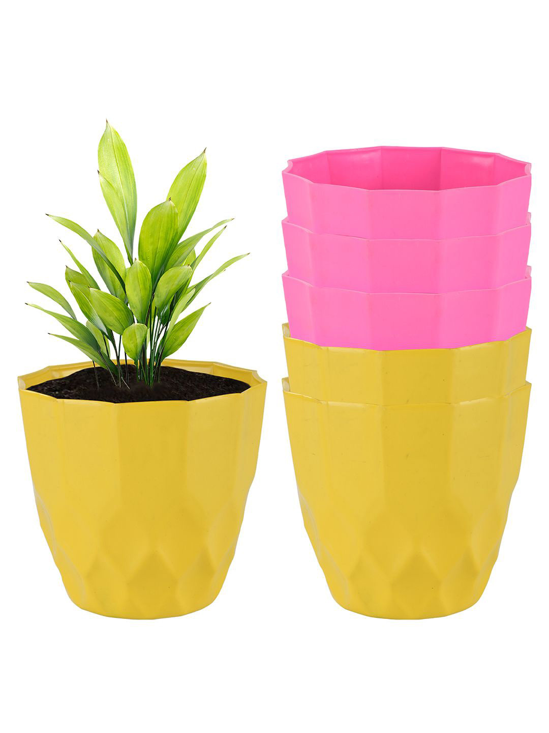 Kuber Industries Pink & Yellow 6 Pieces Barfi Pattern Flower Pots for Garden