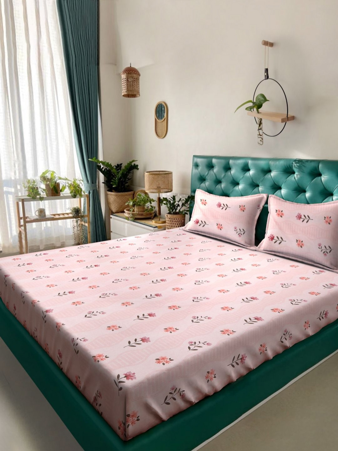 KLOTTHE Pink Floral Cotton 300 TC King Bedsheet with 2 Pillow Covers-250 x 225 cm