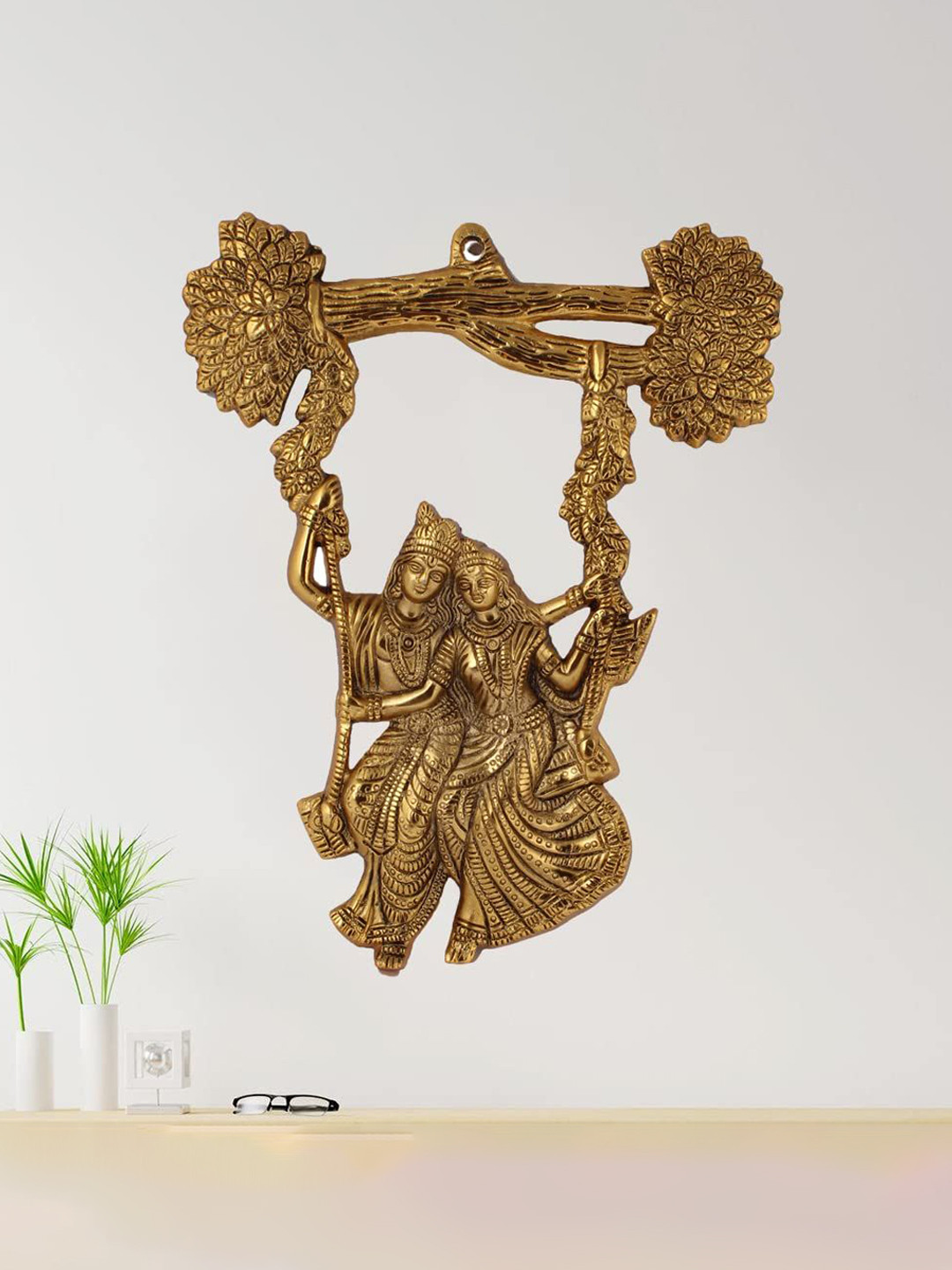 CRAFTAM Gold-Toned Radha Krishna Jhula Metal Religious Idol Showpiece