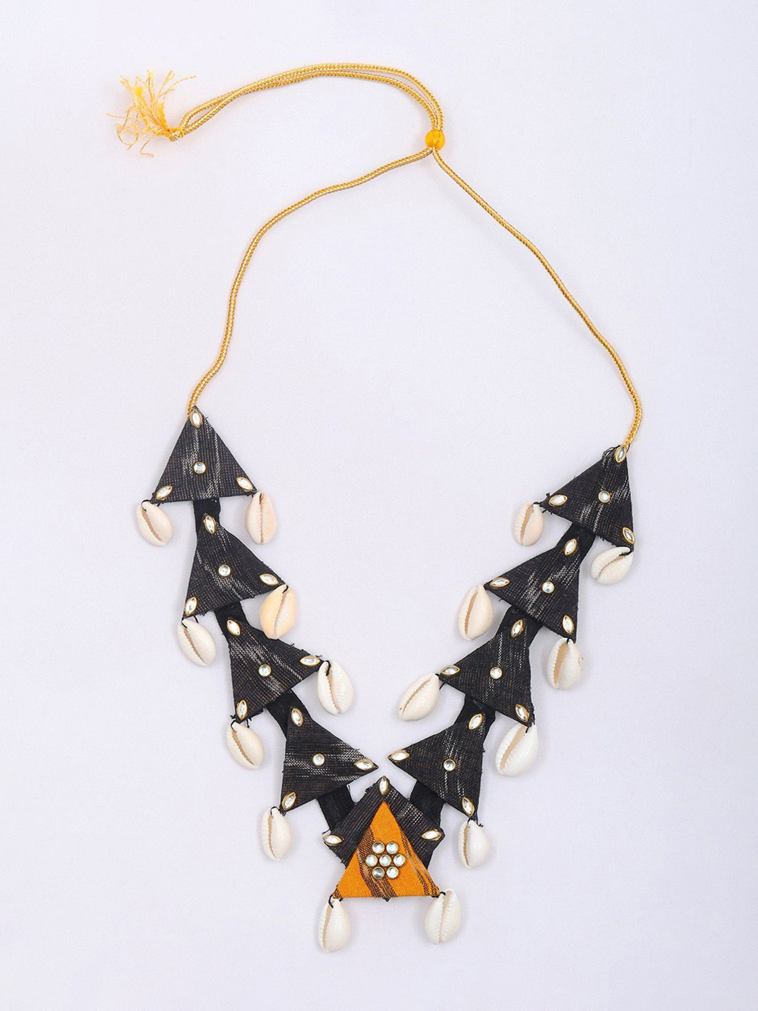 Exotic India Handloom Sambalpuri Fabric Necklace With Dangling Shell & Earrings Set