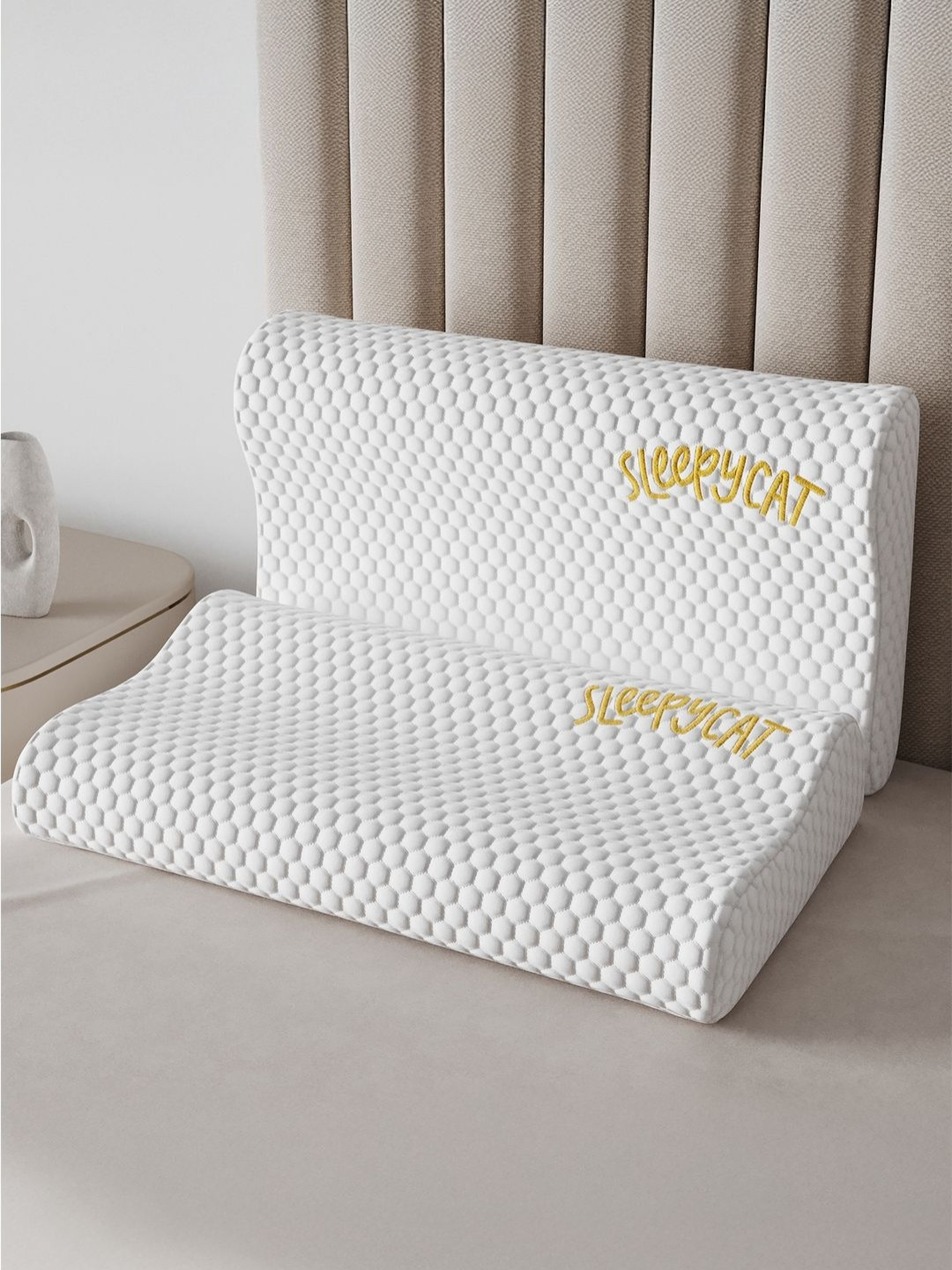 SleepyCat Orthopedic White Typography Cotton Set of 2 Medium Memory Foam Orthopedic Pillow-40 x 68 cm