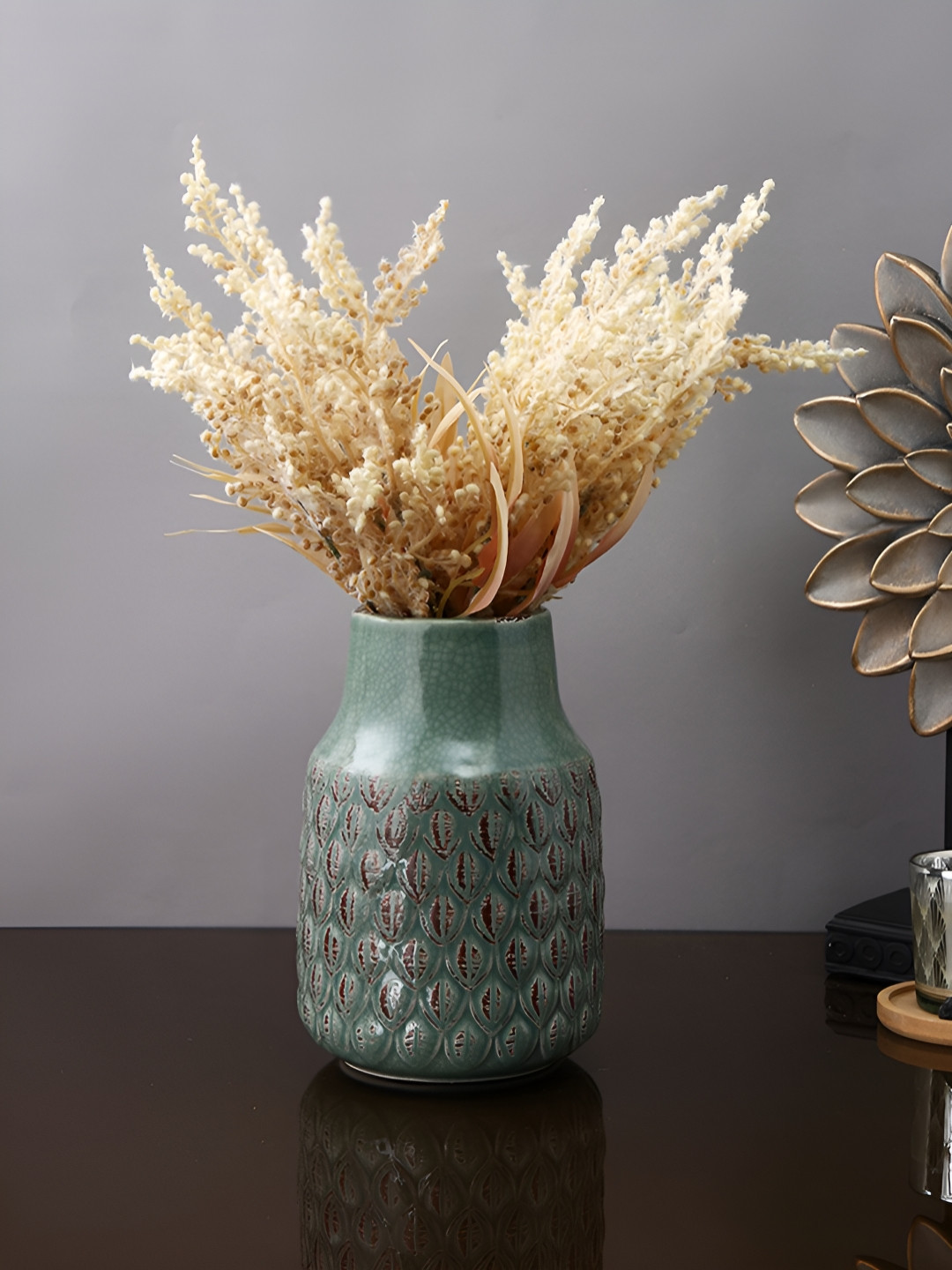 TAYHAA Gold-Toned 2 Pieces Pampas Grass and Dried Hydrangea Arrangement Artificial Flower