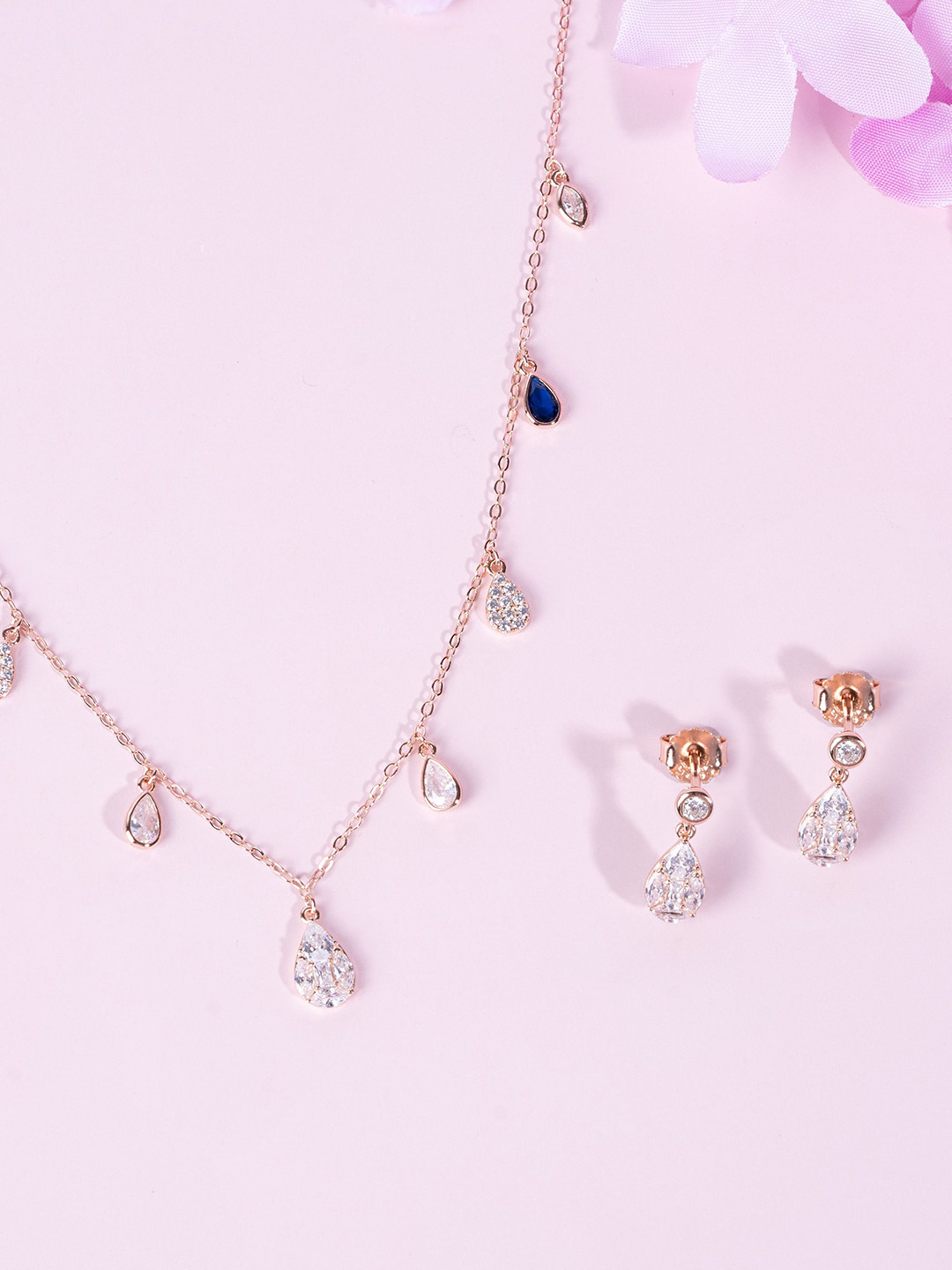 GLYTERS 925 Sterling Silver Rose Gold Plated Stone-Studded Raindrop Sparkle Jewellery Set