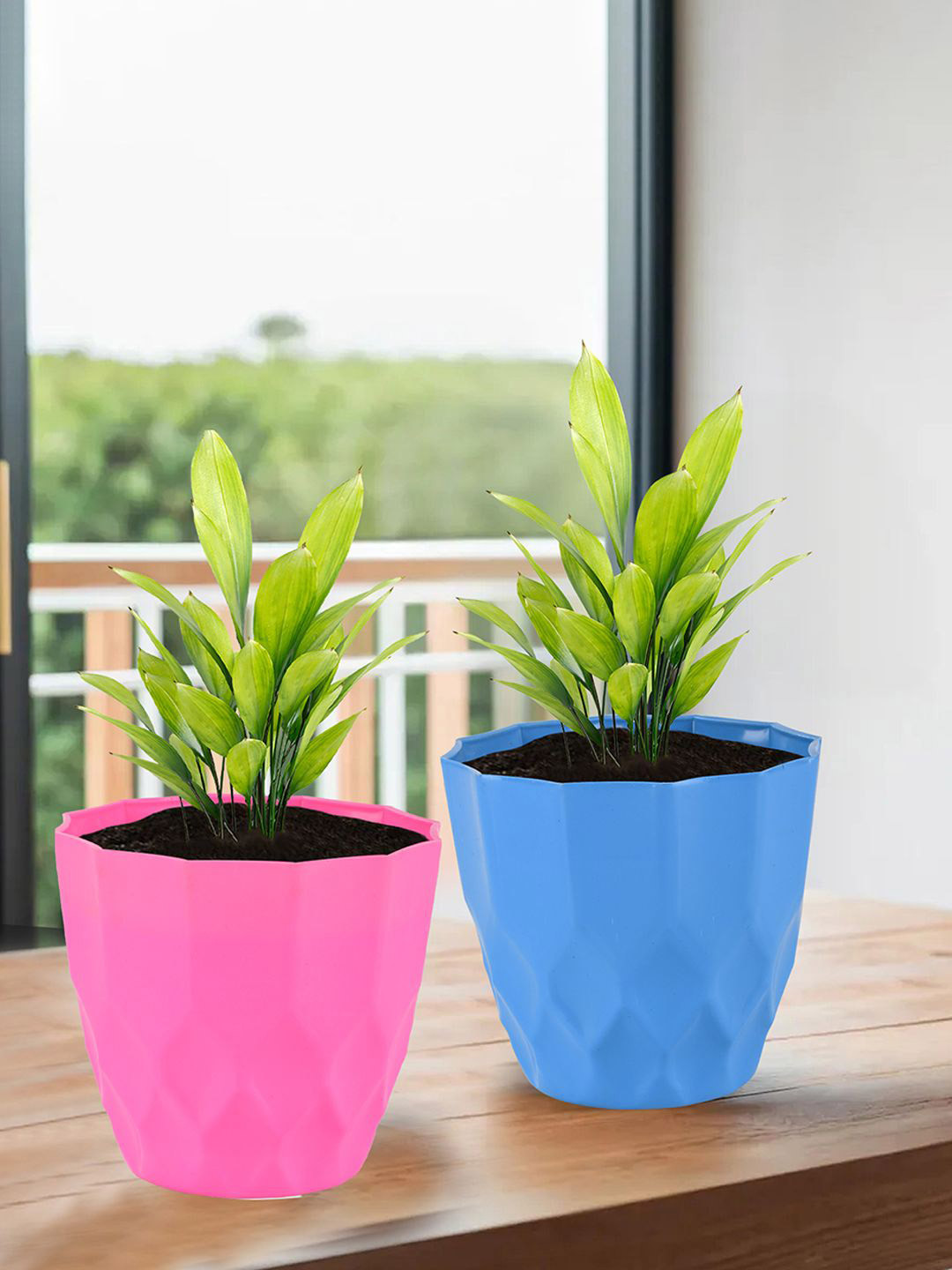 Kuber Industries Pink & Blue 6 Pieces Barfi Textured Planters