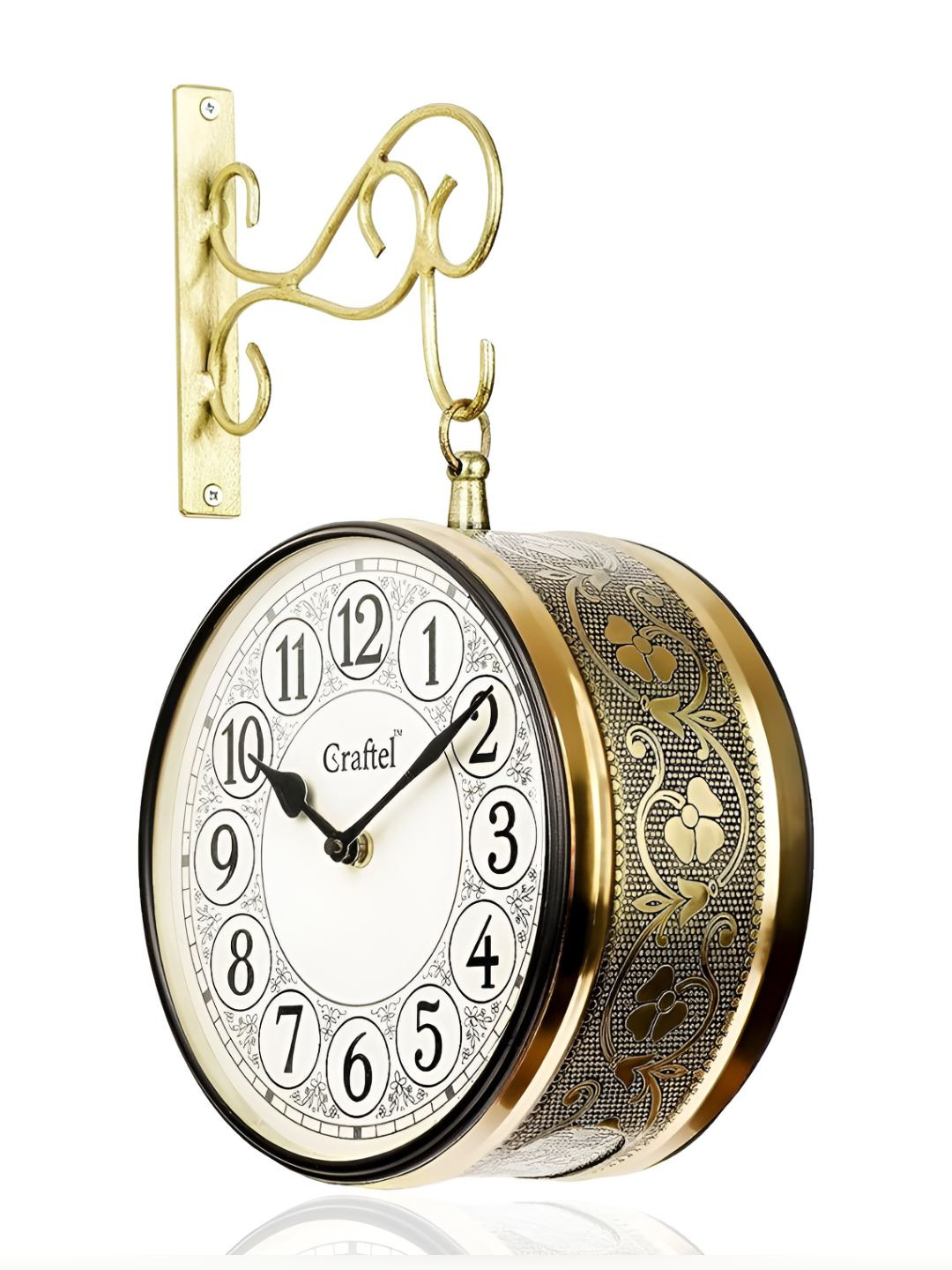 CRAFTEL Gold-Toned Floral Textured Analogue Metal Round Vintage Wall Clock