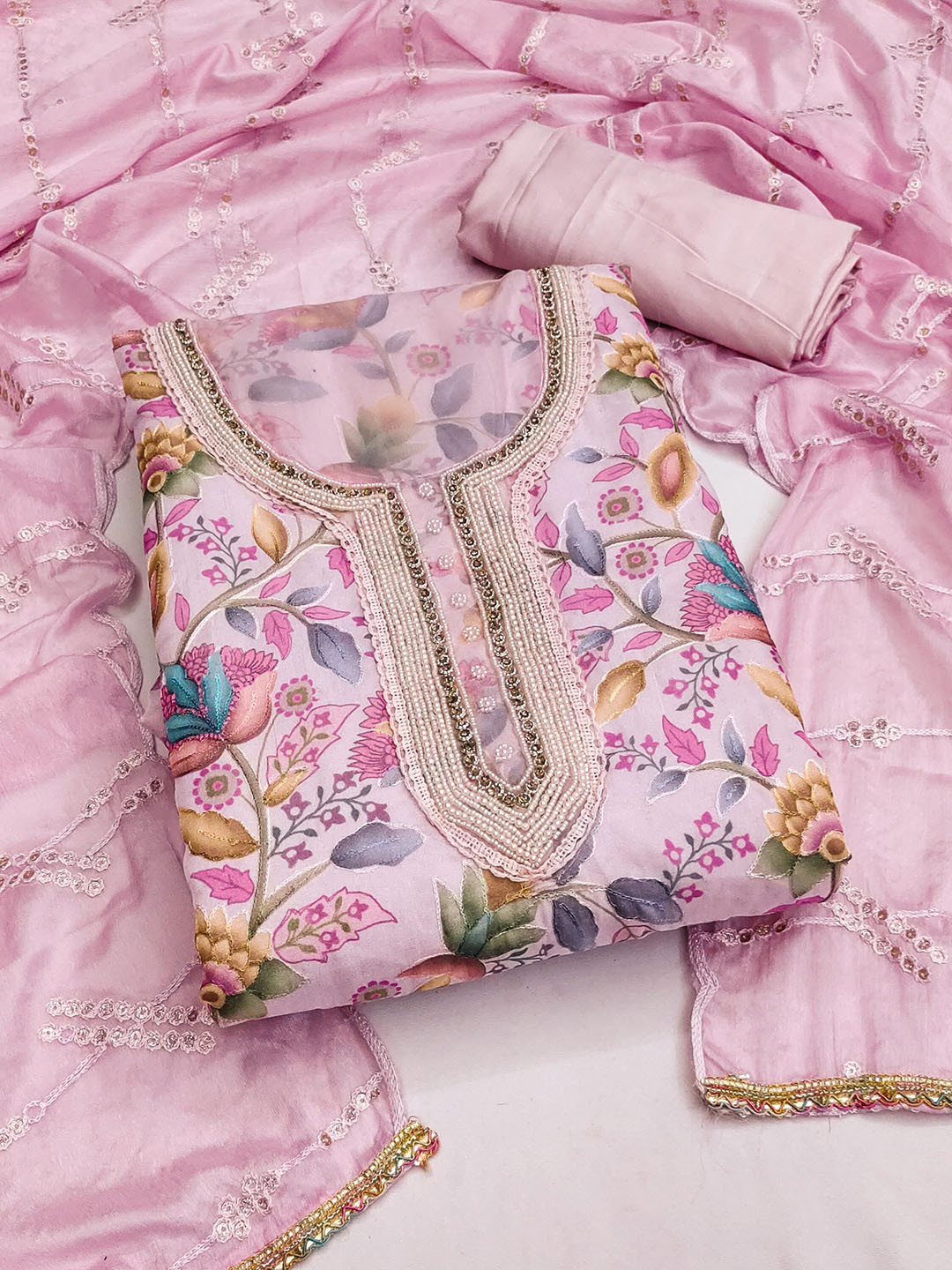 SAINOOR Embellished Organza Semi-Stitched Dress Material