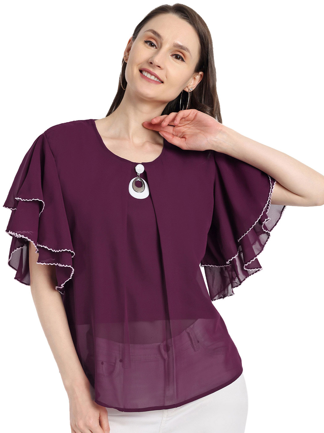 HAUTEMODA Round Neck Georgette Top