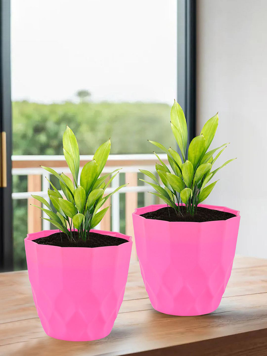 Kuber Industries Pink 3 Pieces Barfi Pattern Flower Pots for Garden