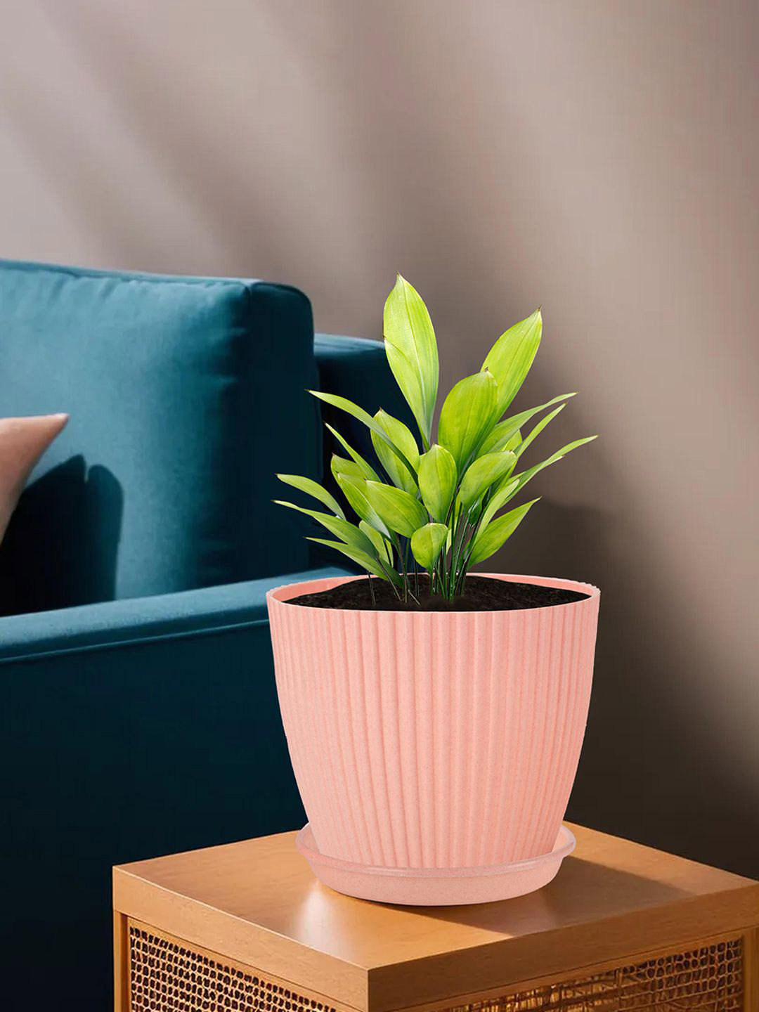 Kuber Industries Peach Colored Textured Flower Pots With Tray