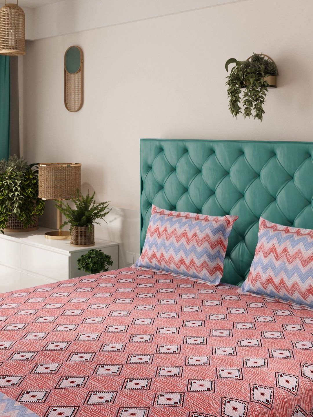 Status Sapphire Orange Geometric Microfiber 144 TC King Coarse Bedsheet with 2 Pillow Covers-230 x 225 cm