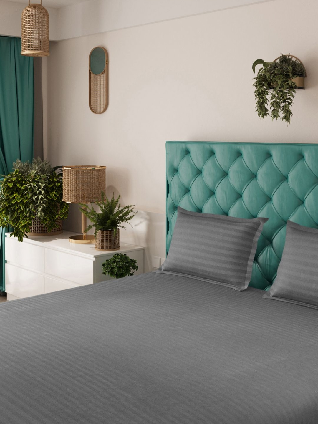 Status Grey Striped Microfiber 144 TC Fitted King Bedsheet with 2 Pillow Covers-130 x 87 inches