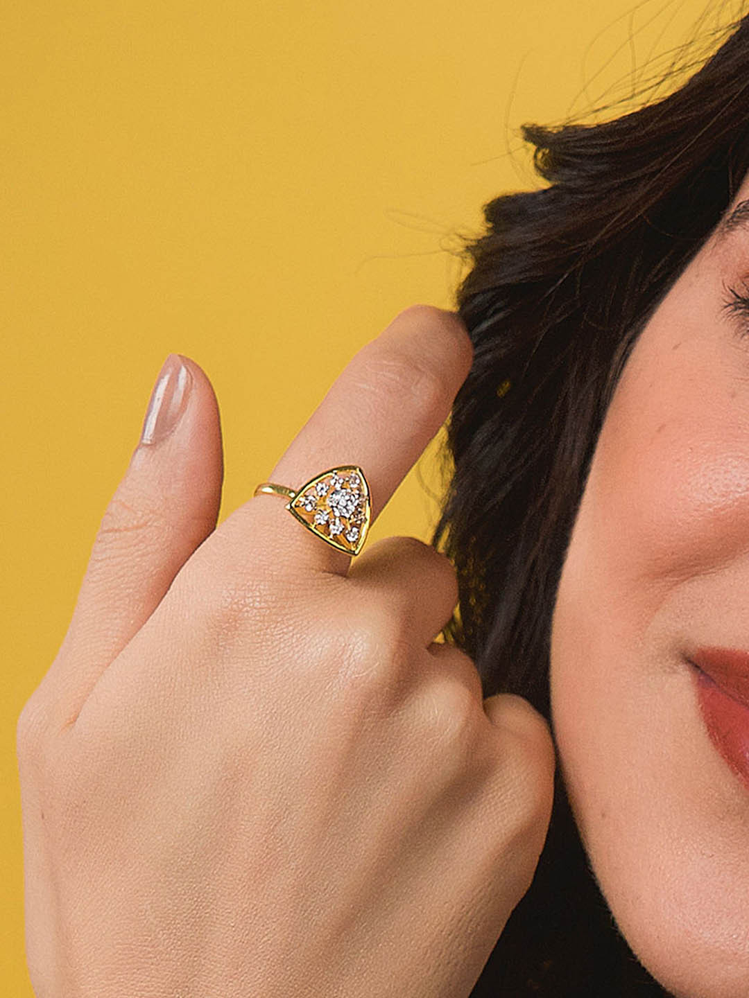 NEK 925 Silver Gold-Plated Cubic Zirconia-Studded Adjustable Finger Ring