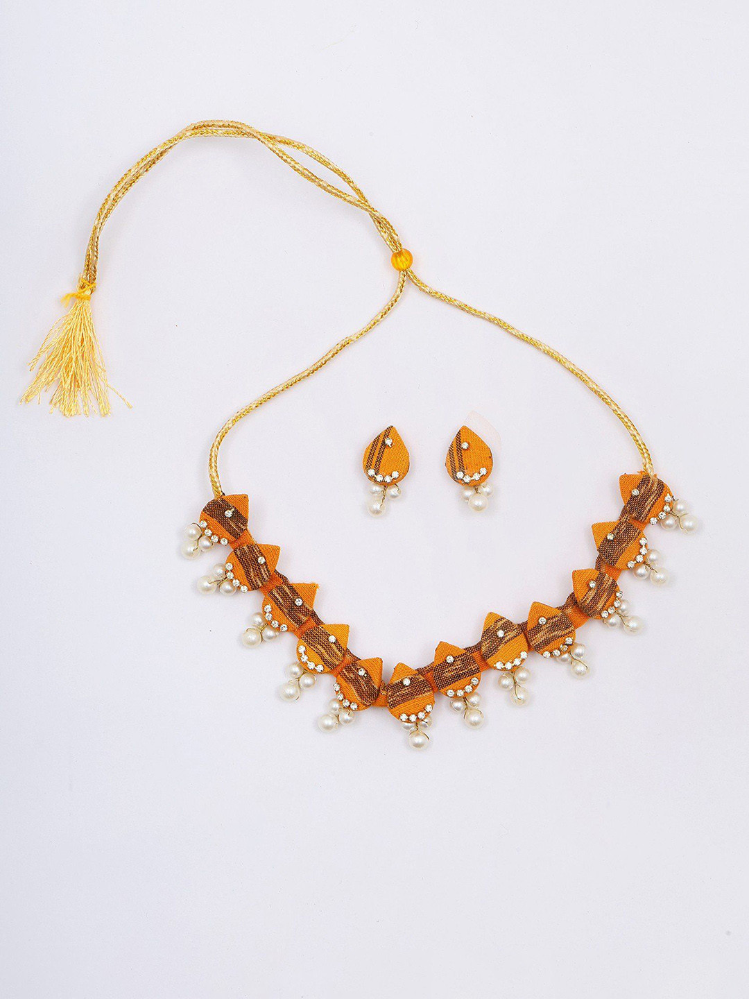 Exotic India Stone Studded & Beaded Handloom Sambalpuri Fabric Choker Set With Earrings