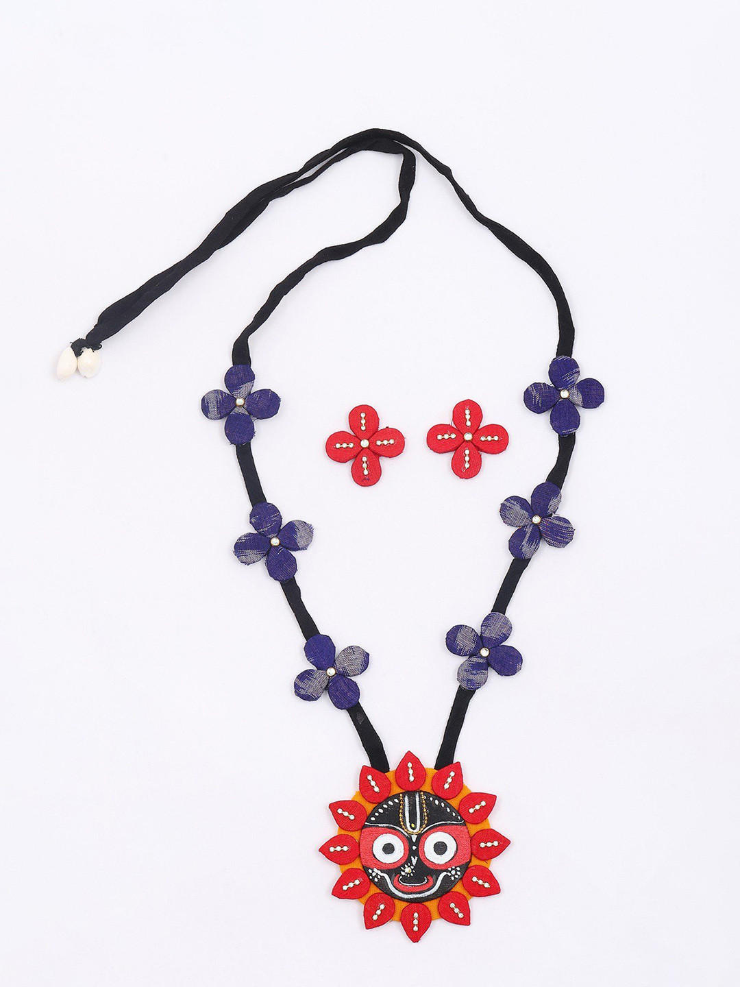 Exotic India Hand-Painted Jagannath Ji Sambalpuri Fabric Necklace Set With Earrings