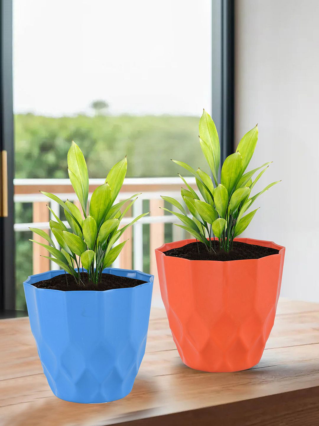 Kuber Industries Blue & Orange Colored 4 Pieces Barfi Pattern Flower Pots for Garden