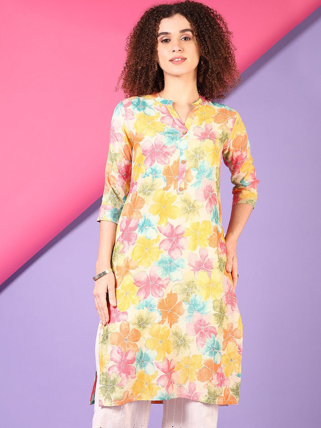 V-Mart Floral Printed Madarin Collar Cotton Straight Kurta