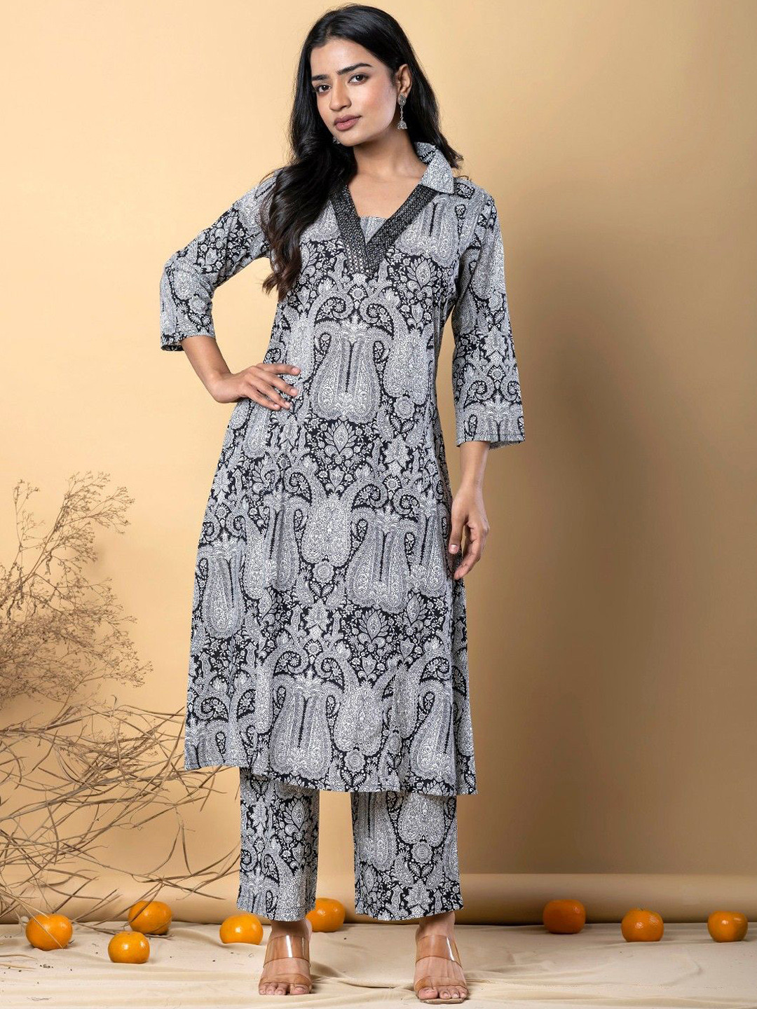 Readiprint Paisley Printed Shirt Collar Pure Cotton Tunic With Palazzo