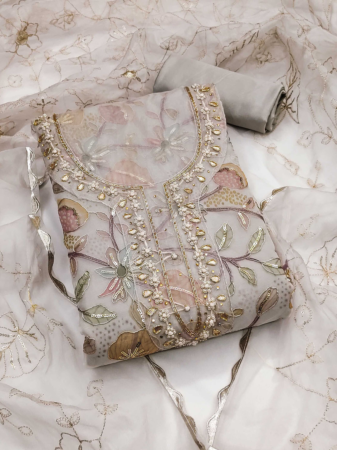 SAINOOR Sai Floral Printed Sequinned Organza Unstitched Dress Material