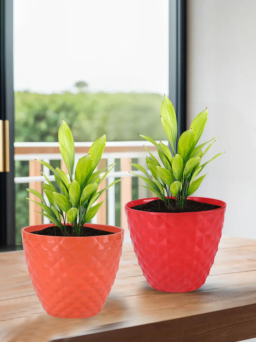 Kuber Industries Red & Orange 4 Pieces Diamond Pattern Durable Planters