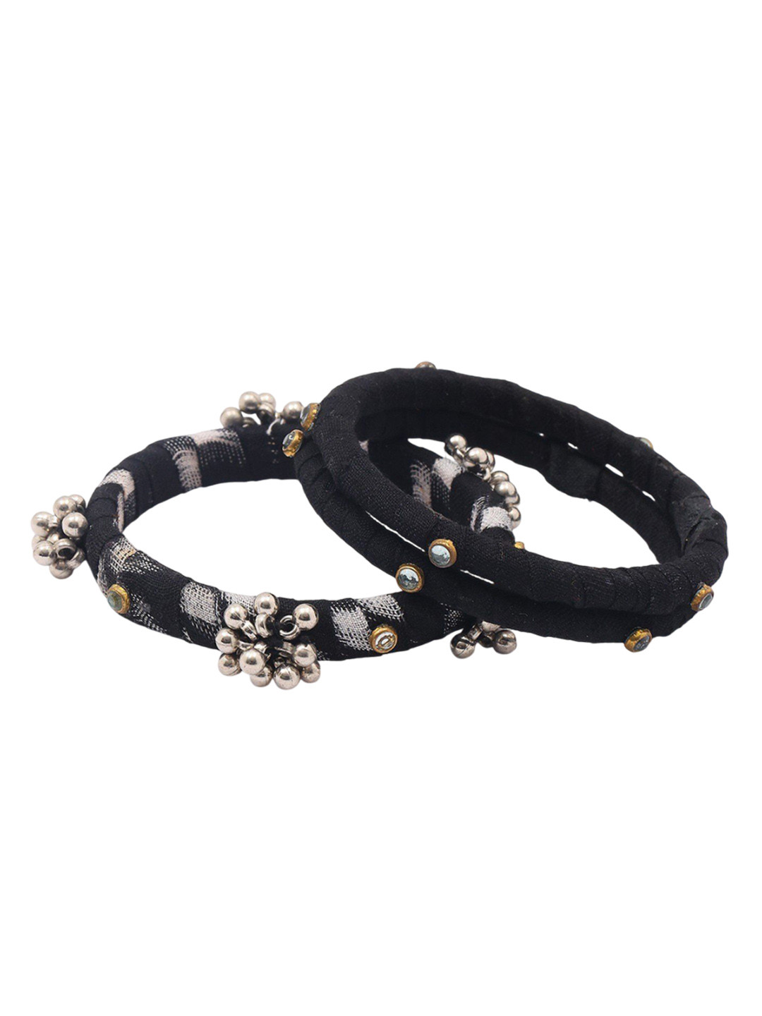 Exotic India Set Of 3 Black Handloom Sambalpuri Fabric Ghungroo Bangles