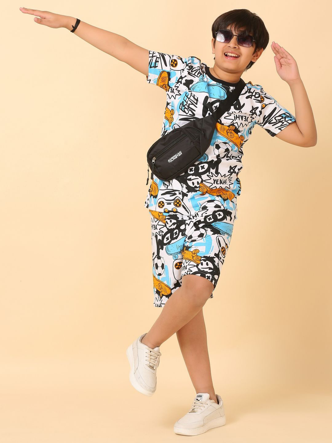 Ninos Dreams Boys Boom Skates Printed Round Neck Pure Cotton T-shirt With Shorts