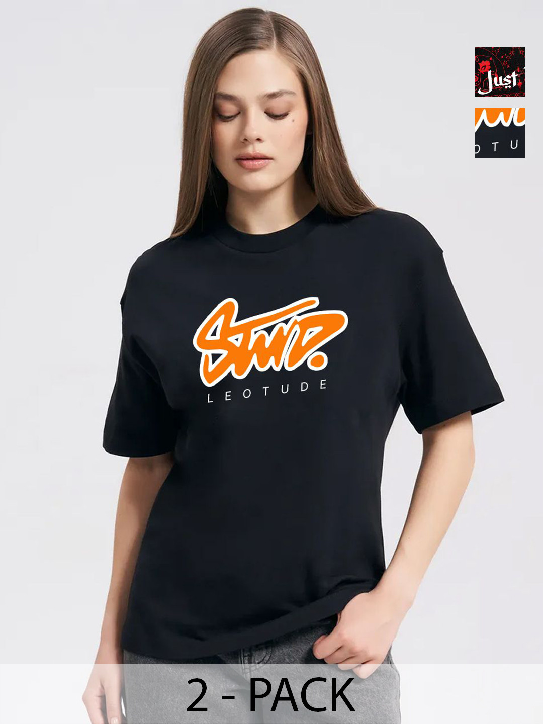 Leotude Women Pack Of 2 Photographic Printed Round Neck Cotton Oversized T-shirts