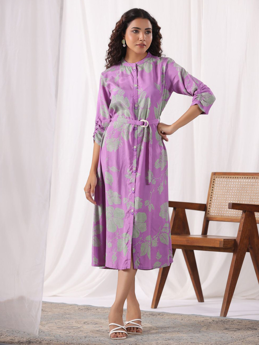 JISORA Women's Purple Printed Russian Silk Ethnic Motifs Print A-Line Dress