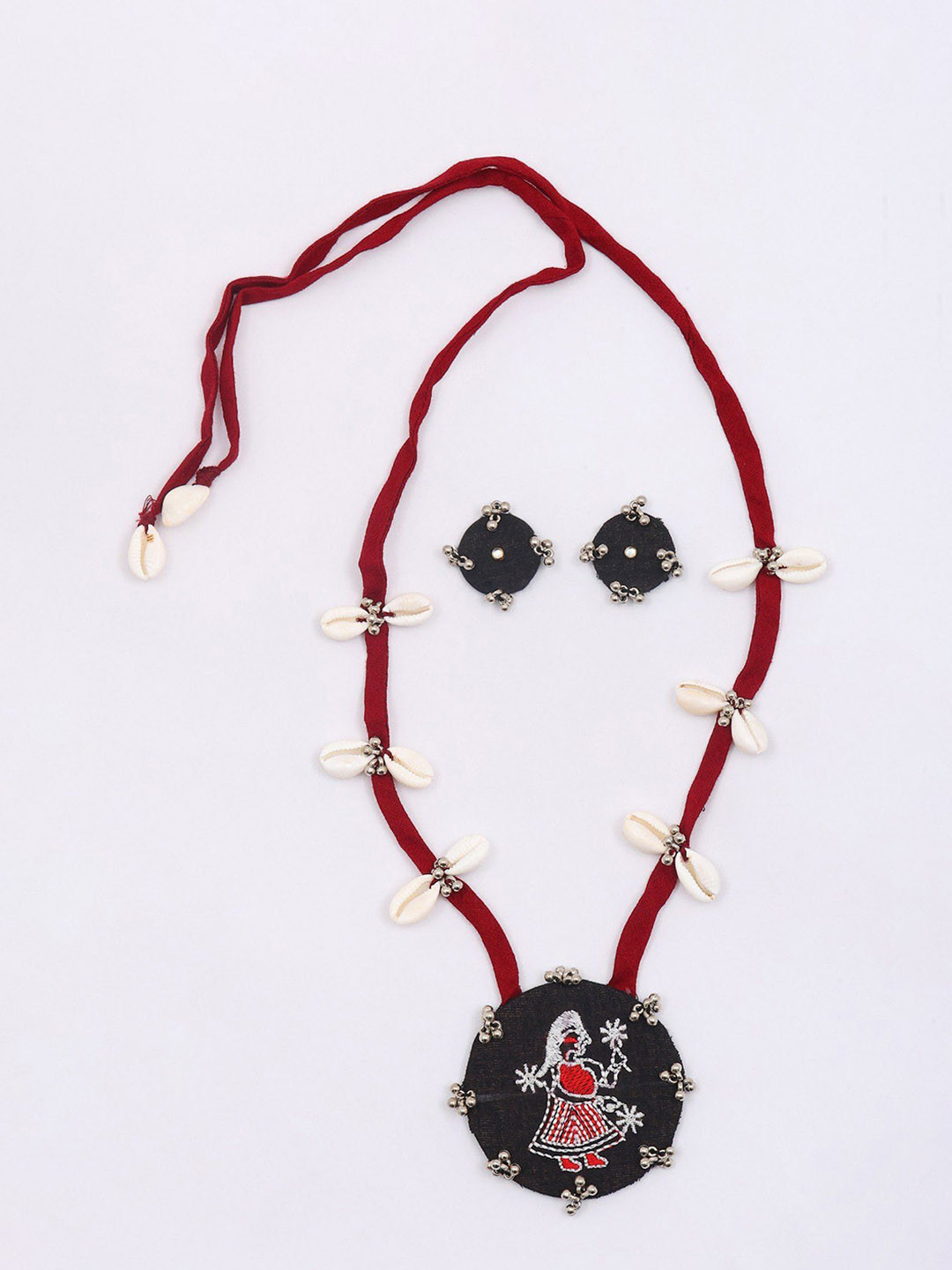 Exotic India Embroidered Sambalpuri Fabric Long Necklace with Shell and Earrings Set
