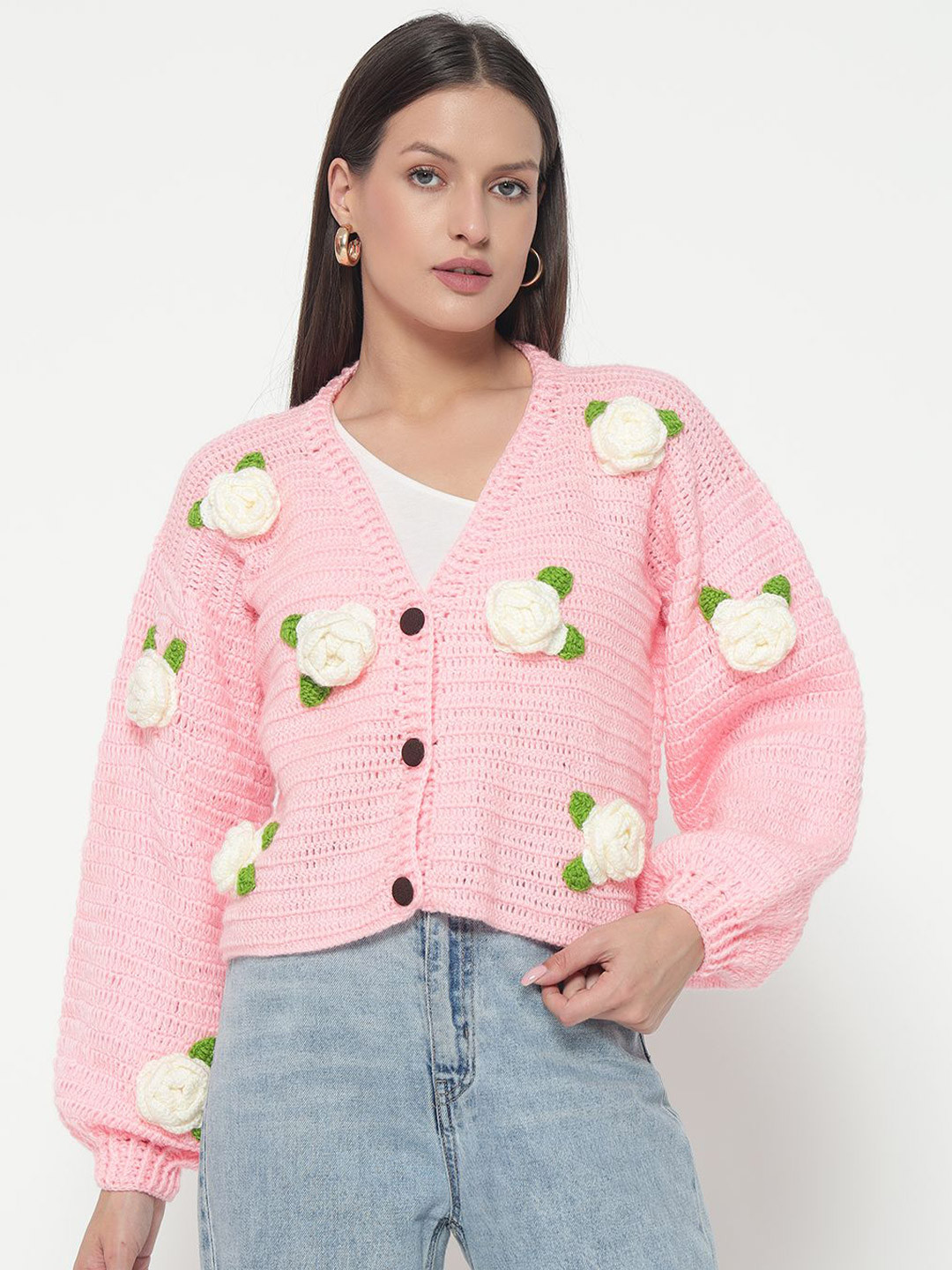 Sugercandy Women Polar Rose Handmade Cable Knit Cardigan
