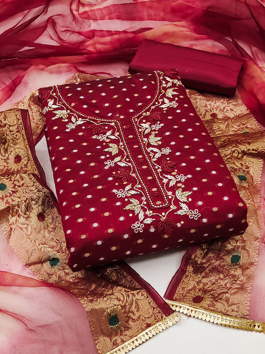 SAINOOR Floral Woven Design Beads & Stones Modal Cotton Semi-Stiched Dress Material