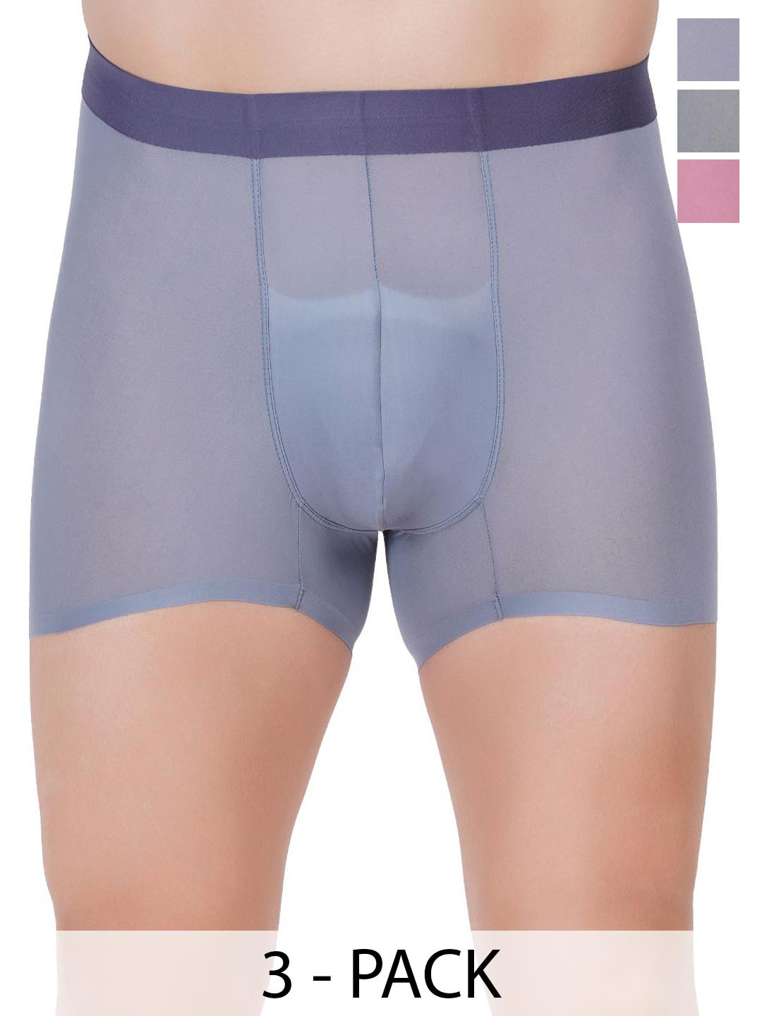 AMOUREUX Pack of 3 Long Trunks M7085_Gry_Grn_Muv_L