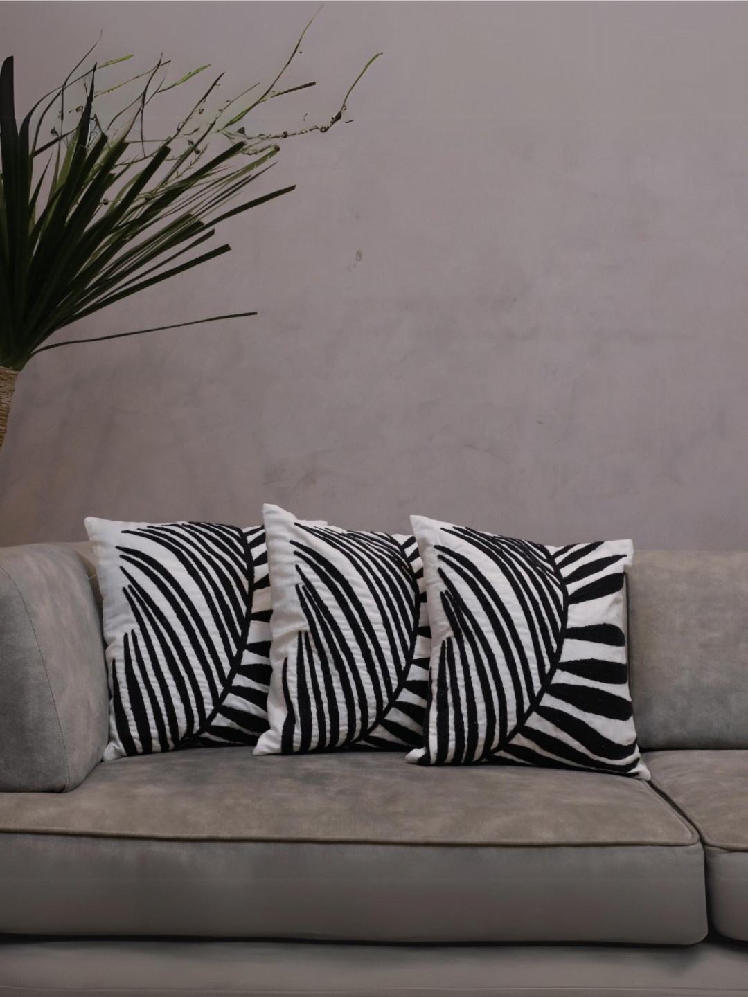 LUSHLYF Tropical Palm Tufted Leaf Cotton 3 Pcs Embroidered Square Cushion Covers -18x18In