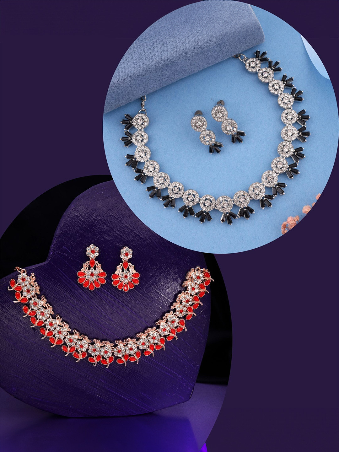 DIVASTRI Set Of 2 Silver And Rose Gold-Plated American Diamond-Studded Jewellery Set