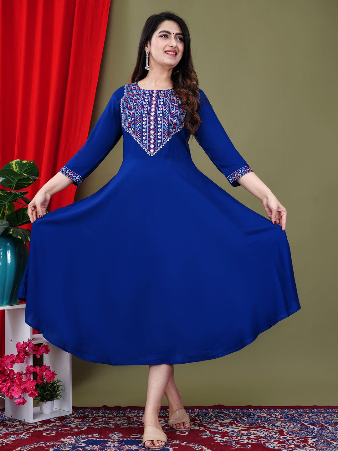 GUDWEARS Women Embroidered Round Neck Midi Gown Dress