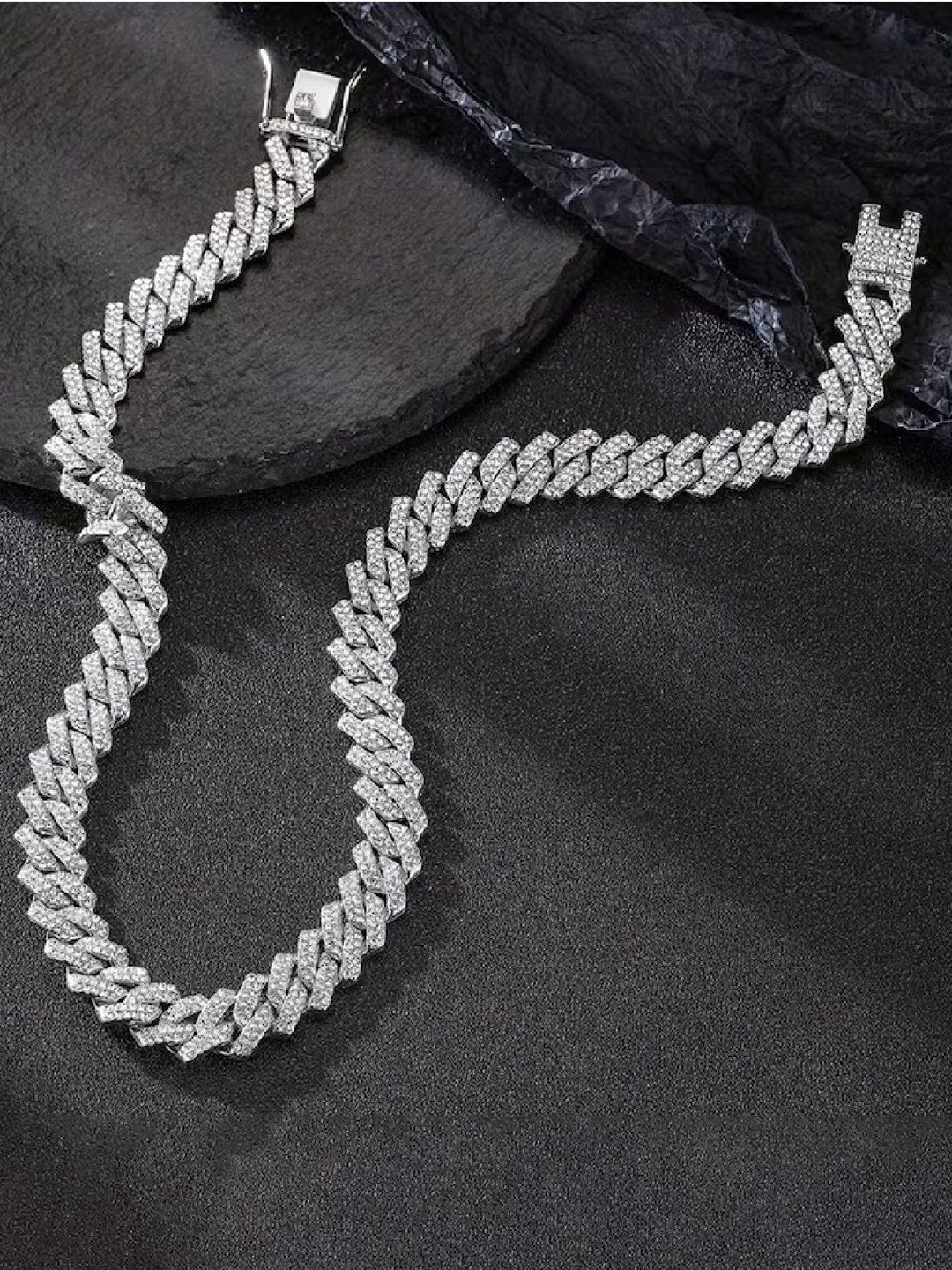 RUHI COLLECTION Unisex Silver-Plated Stainless Steel Cubic Zirconia Studded Mc Stan Chain